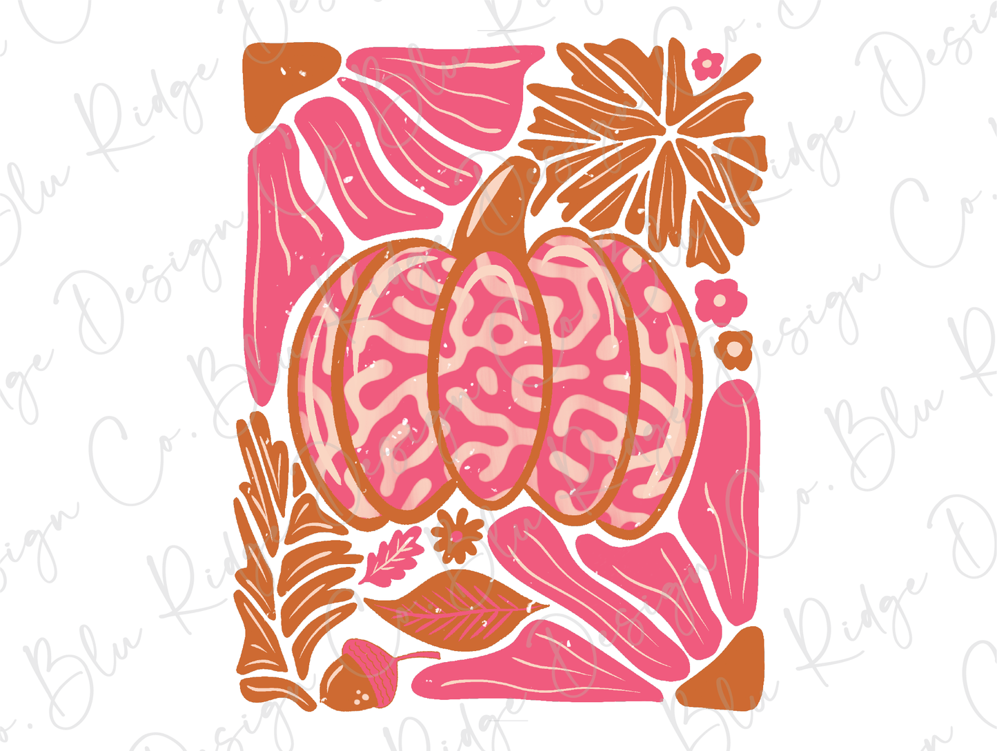 a pink and orange pumpkin surrounded by leaves