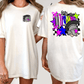 two views of a white t-shirt with a graphic design on the back. The design features a helmet, stars, and a colorful background.