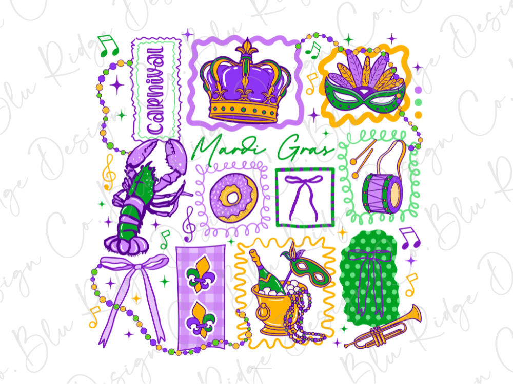 The image is a collage of various Mardi Gras-themed illustrations, including a crown, mask, lobster, donut, and other decorative elements, all set against a white background with musical notes and beads.