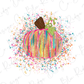 A colorful, abstract illustration of a pumpkin with a brown stem and green leaves, surrounded by a vibrant array of multicolored splatters and dots.