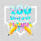 a vibrant and playful graphic design celebrating the 100th day of school. The design is composed of colorful text and illustrations, including the words "100 DAYS OF SCHOOL" and various school-related elements such as pencils and sprinkles. The overall design has a fun and energetic vibe, reflecting the spirit of the 100th day of school.