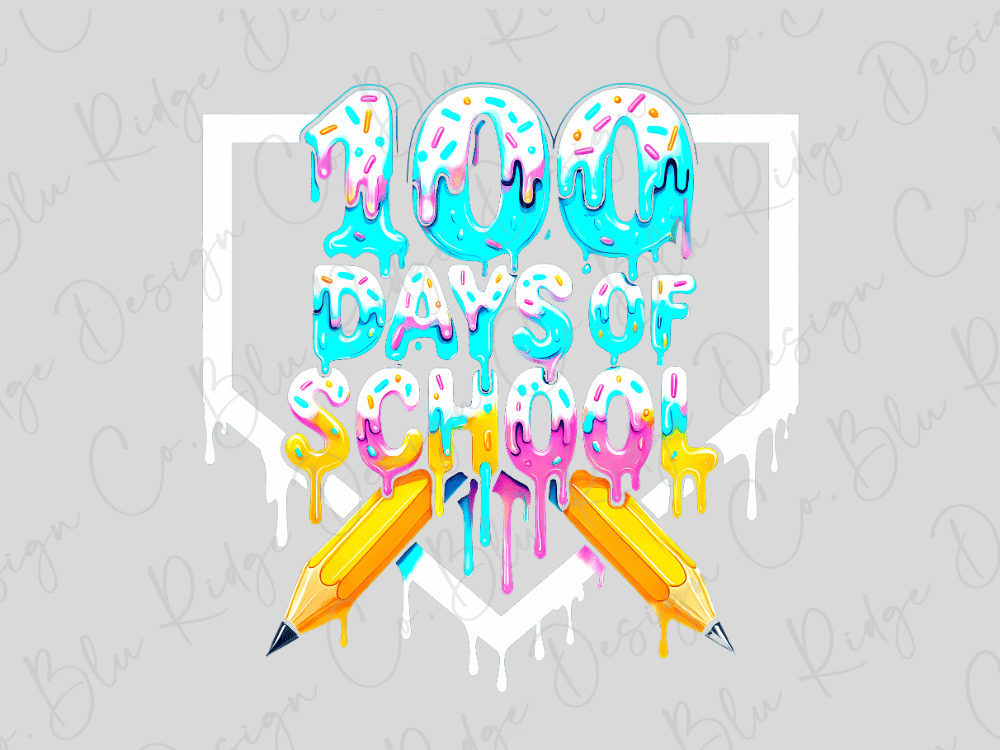 a vibrant and playful graphic design celebrating the 100th day of school. The design is composed of colorful text and illustrations, including the words "100 DAYS OF SCHOOL" and various school-related elements such as pencils and sprinkles. The overall design has a fun and energetic vibe, reflecting the spirit of the 100th day of school.