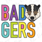 a colorful and playful design with the word "Badgers" written in large letters, accompanied by a cartoon badger's face with star-shaped eyes.