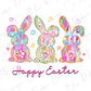 three colorful Easter bunny illustrations, each with a bow around its neck, arranged in a row. The text "Happy Easter" is written below the bunny illustrations.