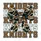 A camouflage bow with the word "KNIGHTS" written in a bold, brown font.