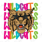 A stylized illustration of a tiger's head wearing sunglasses, with the word "WILDCATS" written in a colorful, overlapping pattern around it.