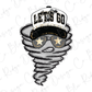 A stylized illustration of a storm or twister with a hat and sunglasses, along with the text "LET'S GO" printed on it.