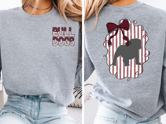 The image is a collage of two photos of a person wearing a grey sweatshirt with a graphic design on the back.