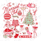 The image is a festive collage featuring various Christmas-themed items such as a bottle, wine glass, Christmas tree, presents, and a cake. The collage includes the text "The Merriest Club" and "Cheers!" along with other decorative elements like stars, snowflakes, and bows.