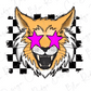 A cartoon-style illustration of a cat with large, pink star-shaped eyes and a wide, open mouth, set against a black and white checkered background.
