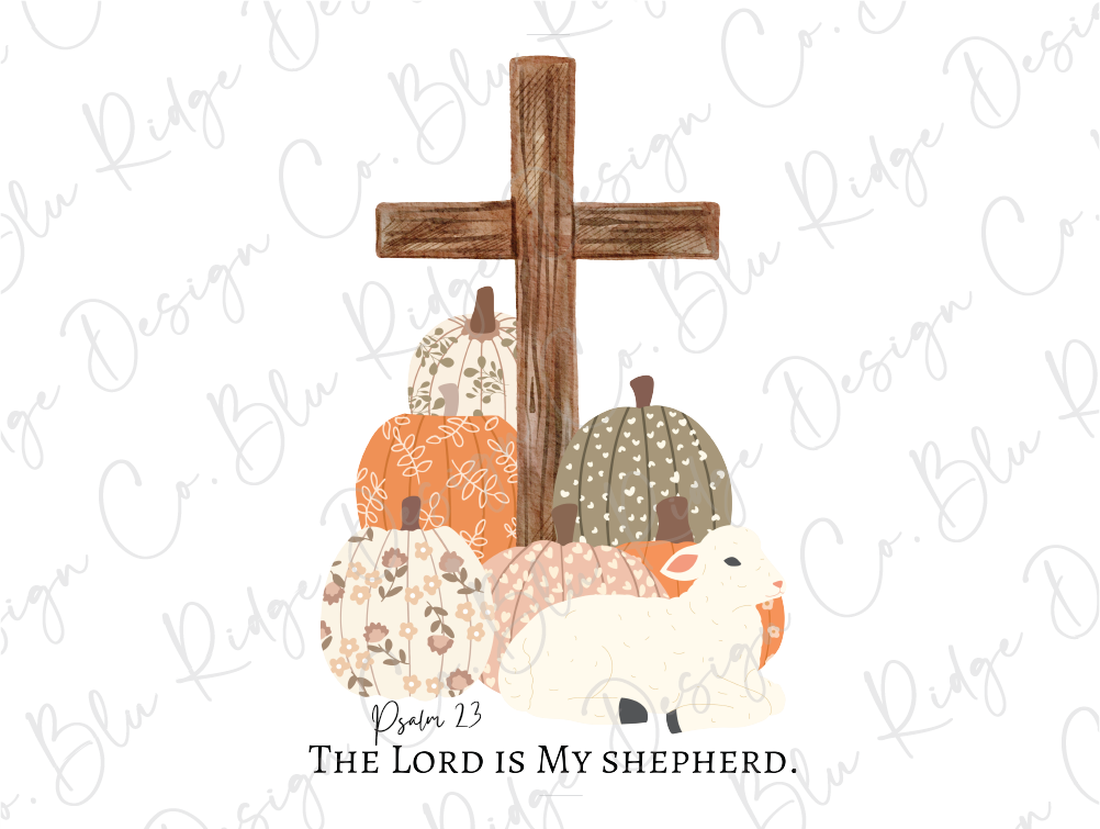 a cross and a bunch of pumpkins with the words the lord is my shepherd