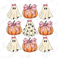 a group of pumpkins with ghost heads and bows