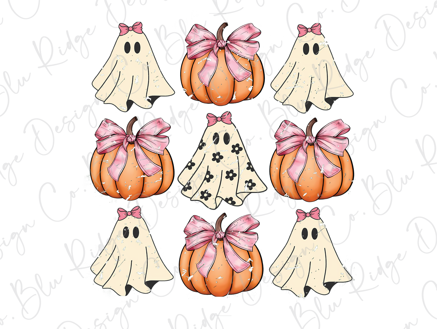 a group of pumpkins with ghost heads and bows