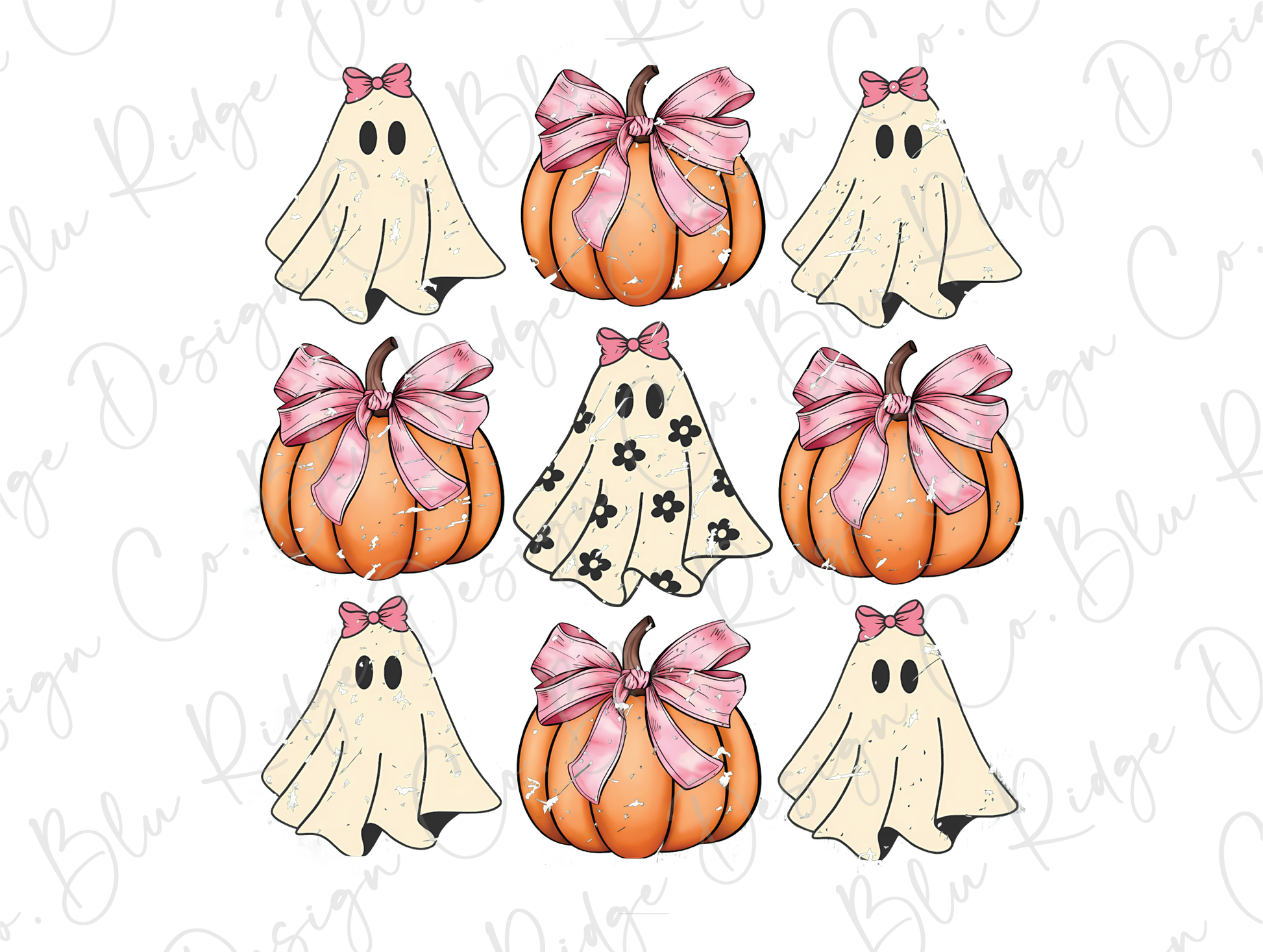 a group of pumpkins with ghost heads and bows