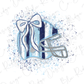 A stylized illustration of a football helmet with a bow, surrounded by splashes of blue and white paint.