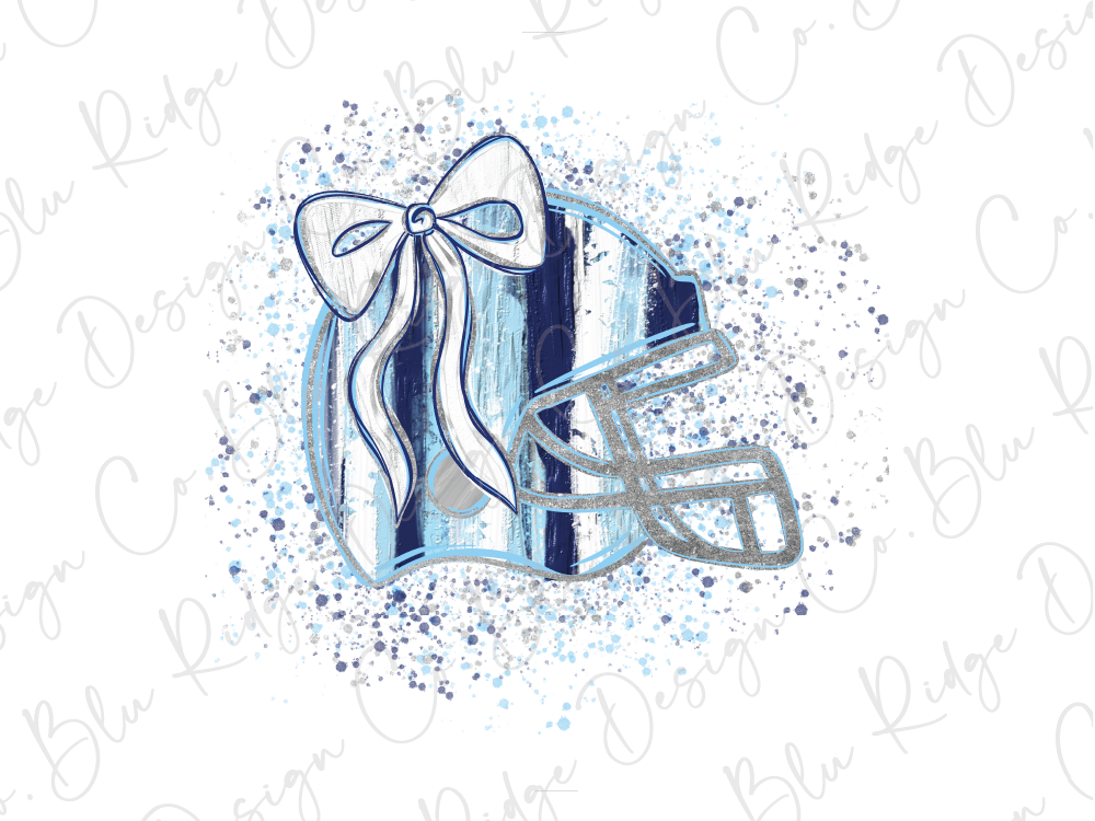 A stylized illustration of a football helmet with a bow, surrounded by splashes of blue and white paint.