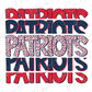 the word "PATRIOTS" repeated in various sizes and orientations, with the word "PATRIOTS" being the most prominent.
