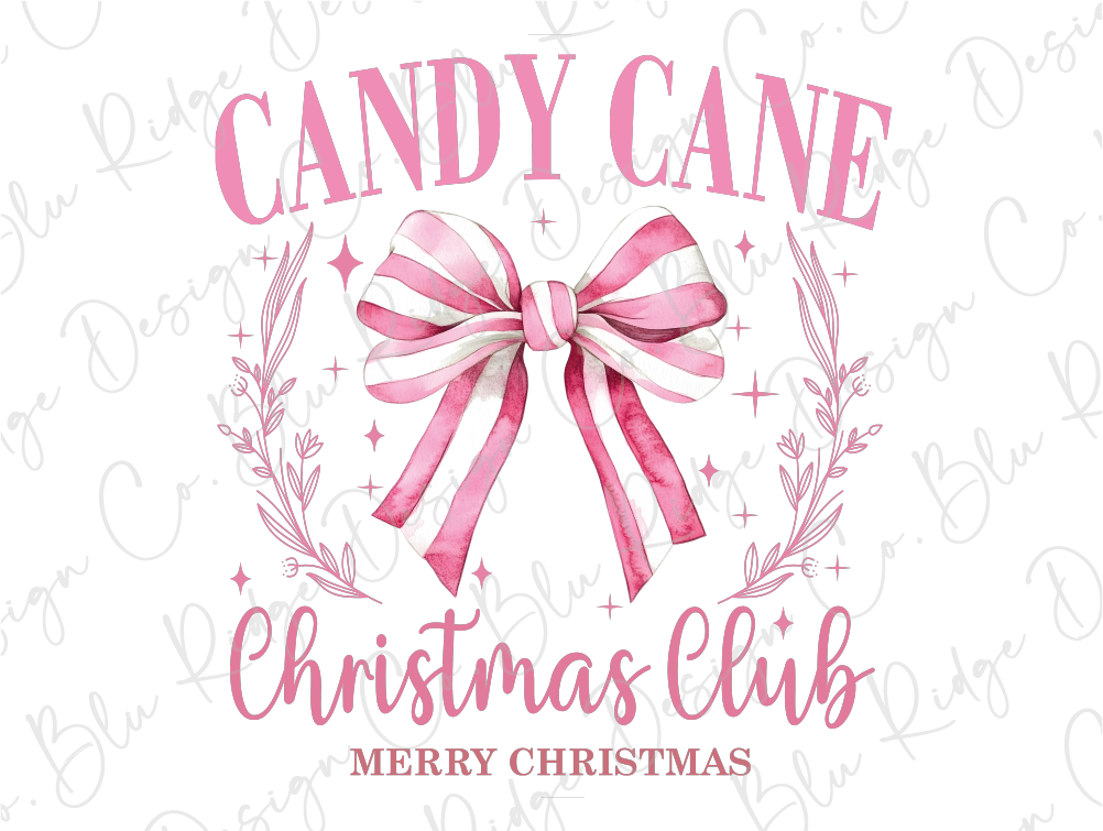 a candy cane christmas club logo with a pink bow