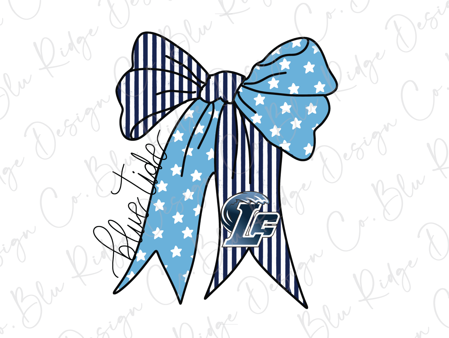 a blue and white striped bow with the uc logo on it