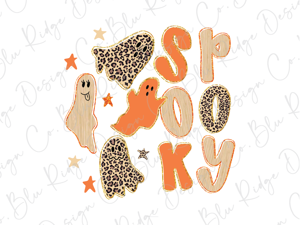 a Halloween-themed design with various elements such as leopard print, ghost, and stars.