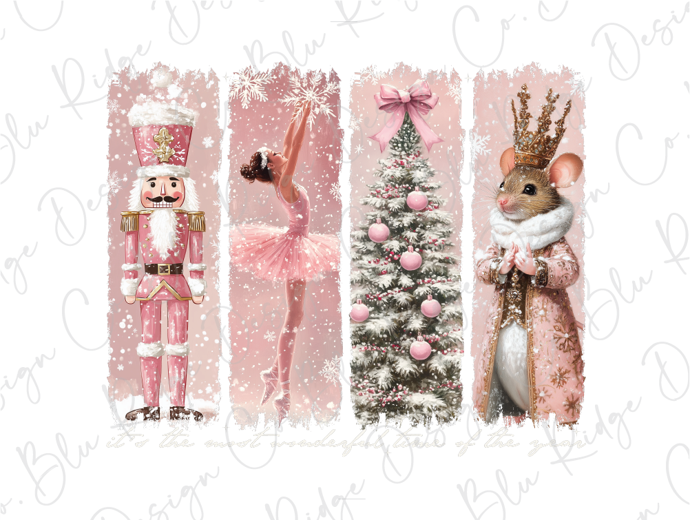 a pink christmas card with a nutcracker, a nutcracker and a