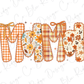 a creative and colorful arrangement of fabric shapes, forming the word "Momma" with decorative bows and floral patterns.