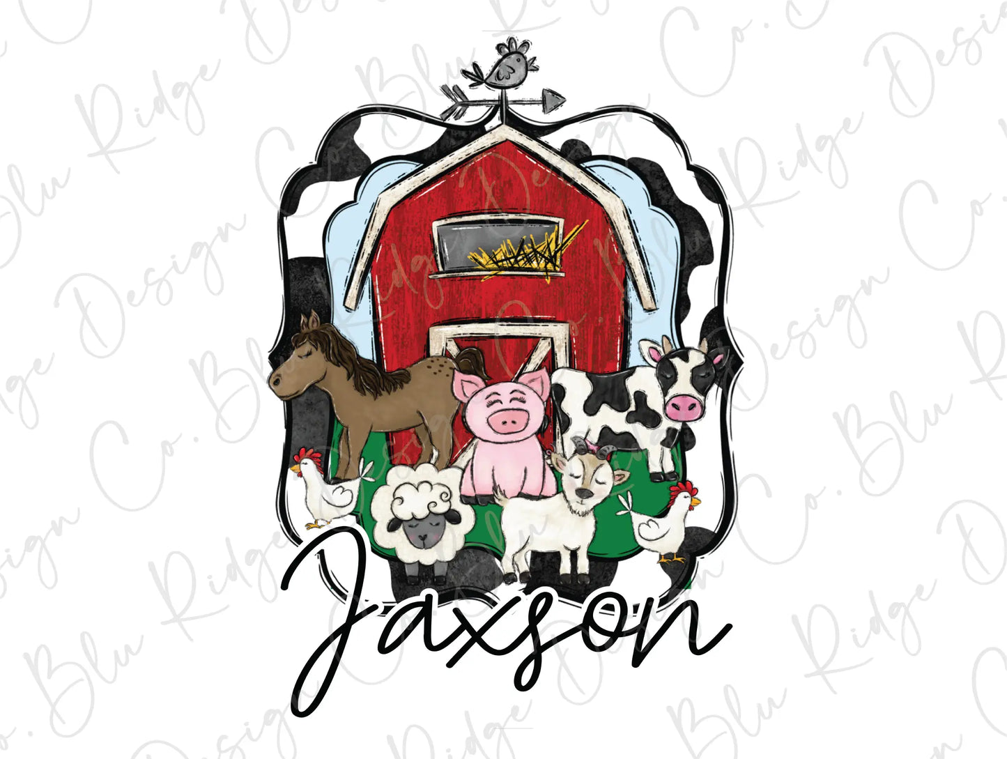 a red barn with farm animals on it