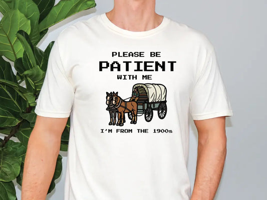 a man wearing a white shirt with a horse drawn wagon