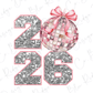 a glittery silver and pink design with the numbers "26" and a pink bow on top of a disco ball.