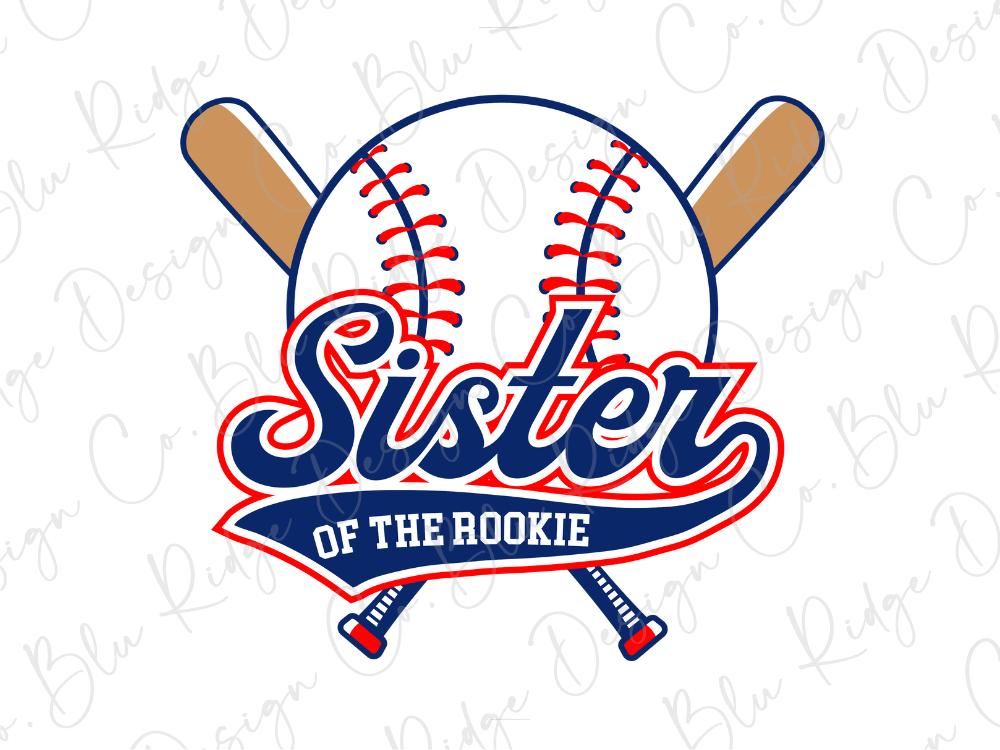 a baseball-themed logo with the text "Sister of the Rookie" and a baseball bat crossed over a baseball.