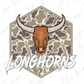 a bull's head with large horns, set against a camouflage pattern. The word "LONGHORNS" is prominently displayed below the bull's head.