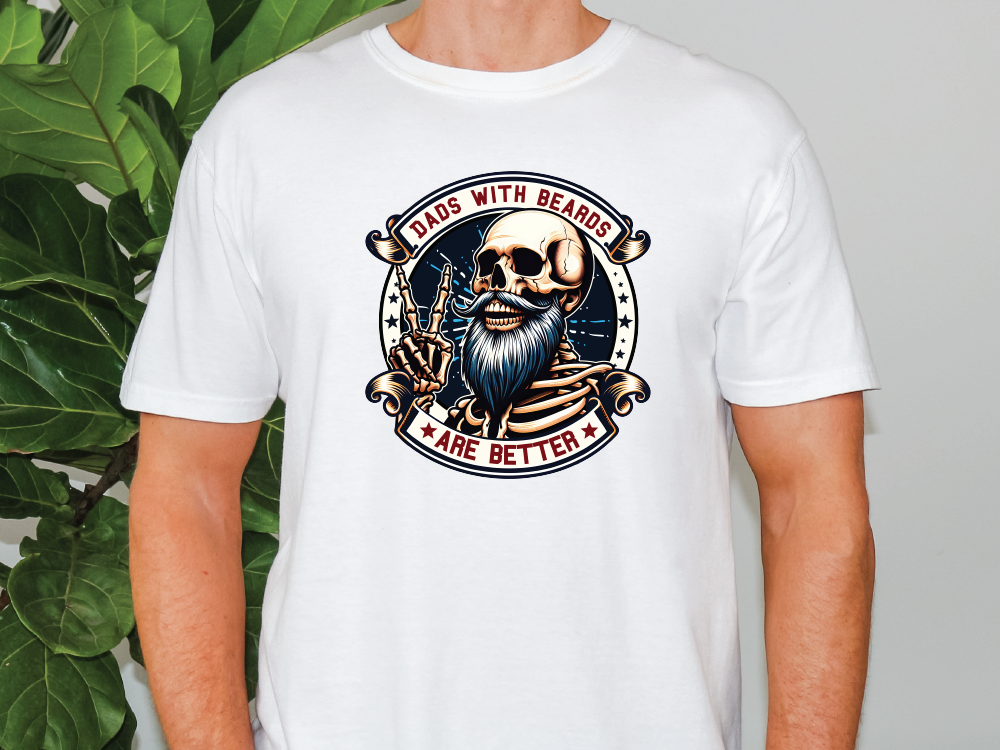 a man wearing a white t - shirt with a skull on it