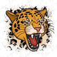 A stylized illustration of a leopard's face with its mouth open, surrounded by splatter-like effects and a patterned background.