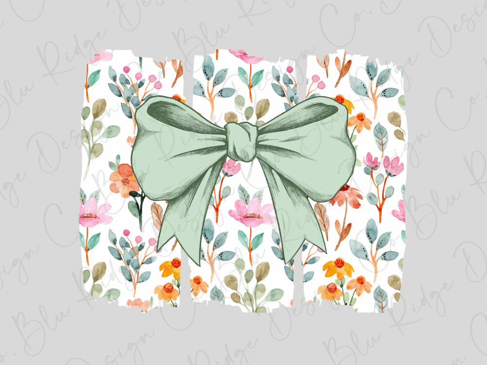 A green bow is placed in the center of a floral patterned background.