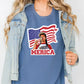 a woman wearing a t - shirt with a picture of merica on it