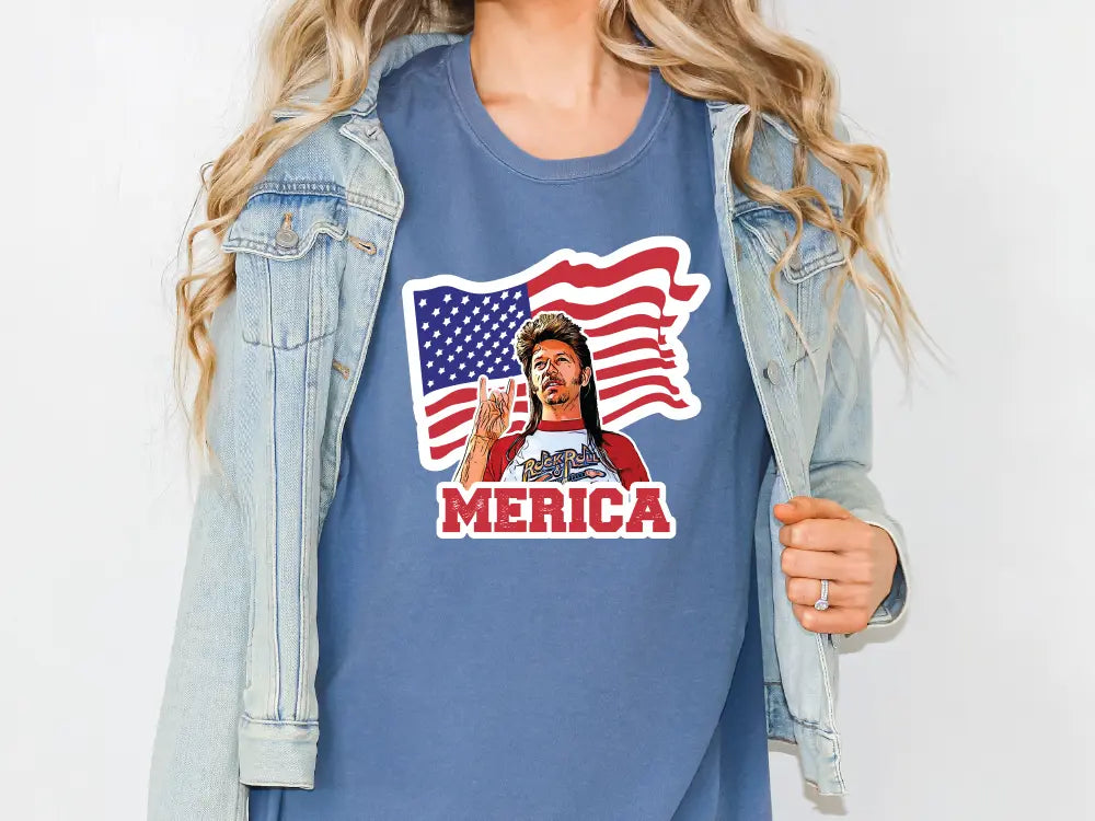 a woman wearing a t - shirt with a picture of merica on it