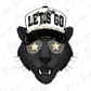 A stylized illustration of a black cat wearing a hat with the text "LET'S GO" and two star-shaped eye patches.