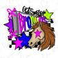 a stylized illustration of a horse with a star on its forehead, surrounded by colorful and abstract elements such as stars, lines, and text.