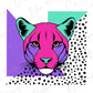 A colorful illustration of a cat's face with large eyes and a pink nose, set against a background of geometric shapes in various colors including purple, green, and teal.