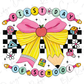 a drawing of a pencil and a bow with the words first day of school