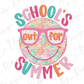 A colorful illustration of a smiling face wearing sunglasses, with the text "School's summer" written around it.