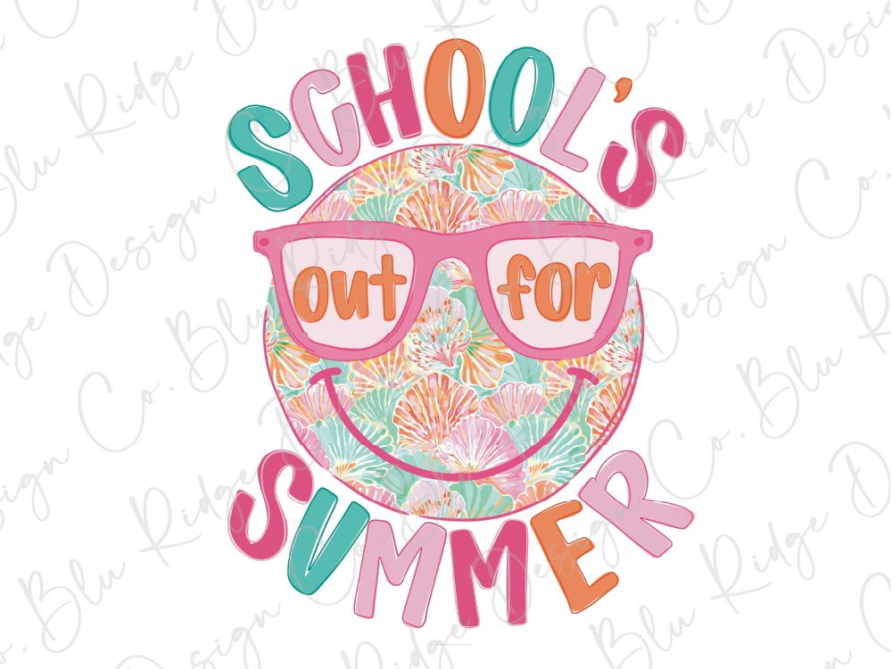 A colorful illustration of a smiling face wearing sunglasses, with the text "School's summer" written around it.