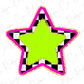 A bright green star with a black and white checkered pattern around it, set against a white background with cursive text.