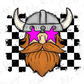 A cartoon illustration of a bearded man wearing a helmet with horns and pink star-shaped glasses, set against a black and white checkered background.