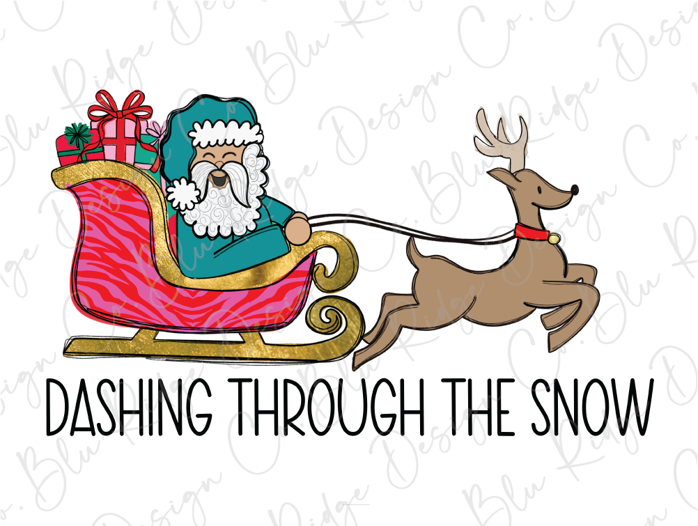 a reindeer pulling a santa clause in a sleigh