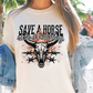 a woman wearing a t - shirt that says save a horse