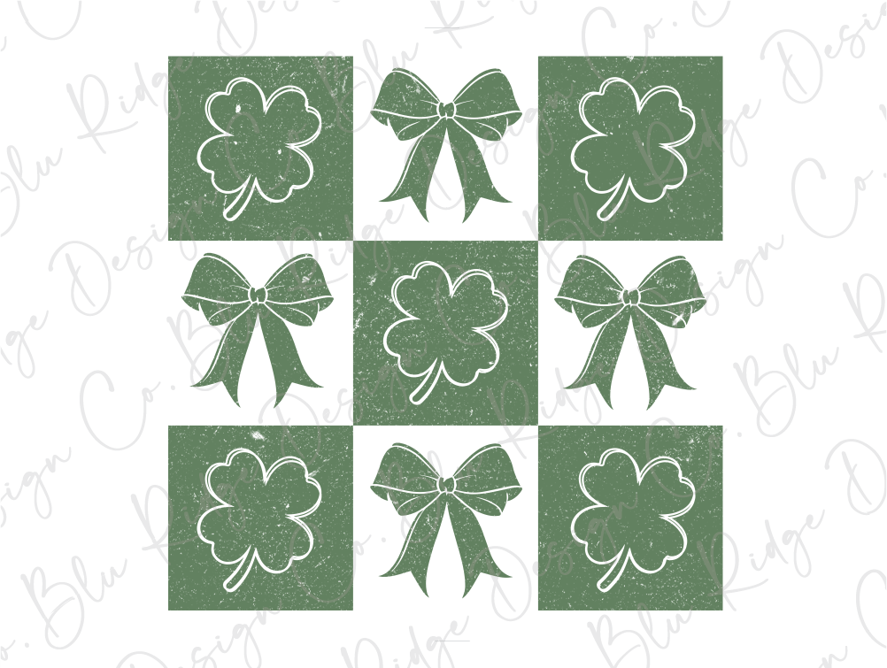 a set of four green shamrocks with bows