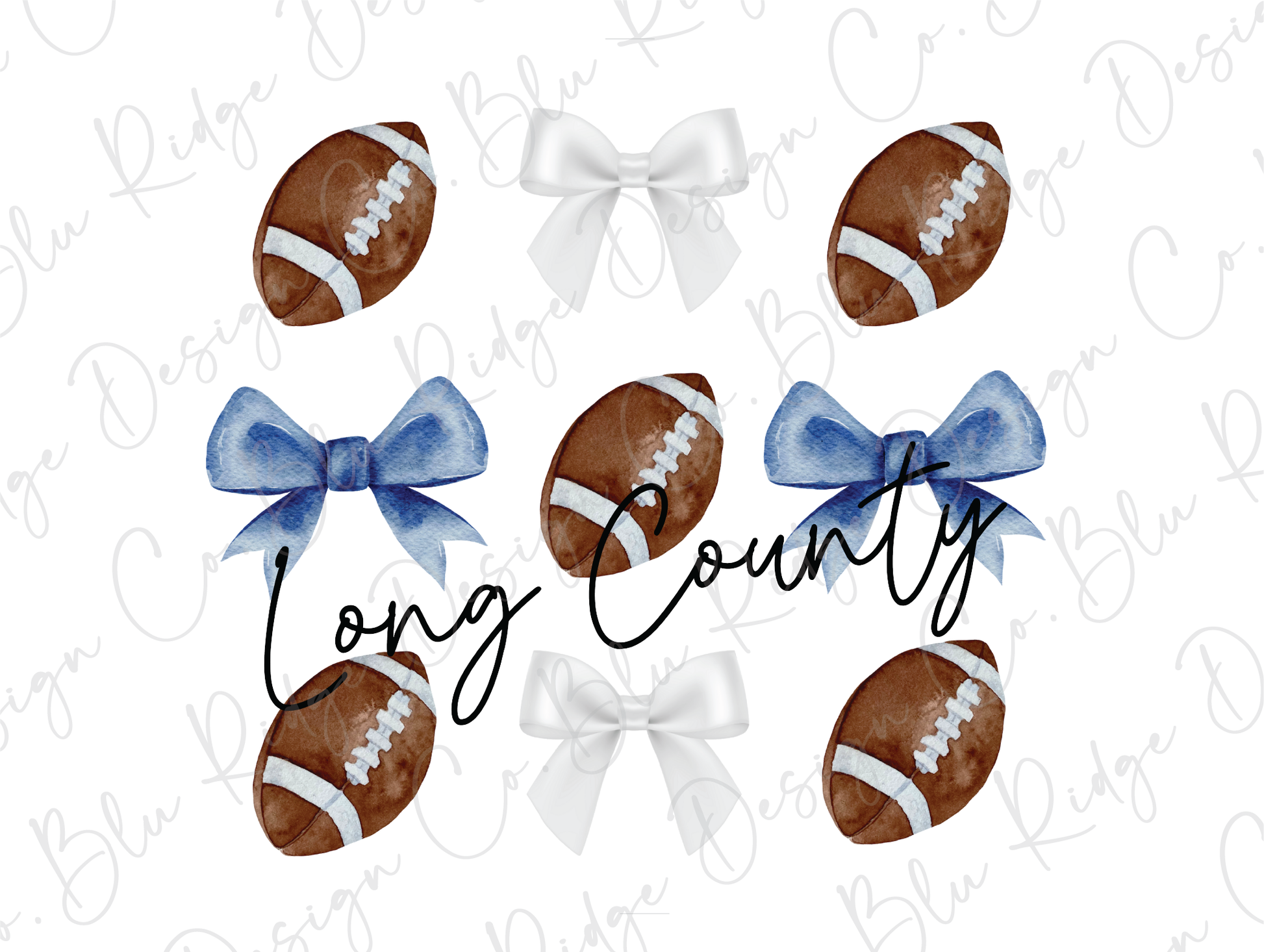 a set of four footballs with bows and the word long county