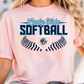 A woman wearing a pink t-shirt with the text "Lady Tide Softball" printed on it.