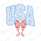 the word "USA" with a red and white checkered bow below it.